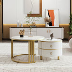 Coffee Table, 2-in-1 Round with 2 Drawers, White Marble & MDF