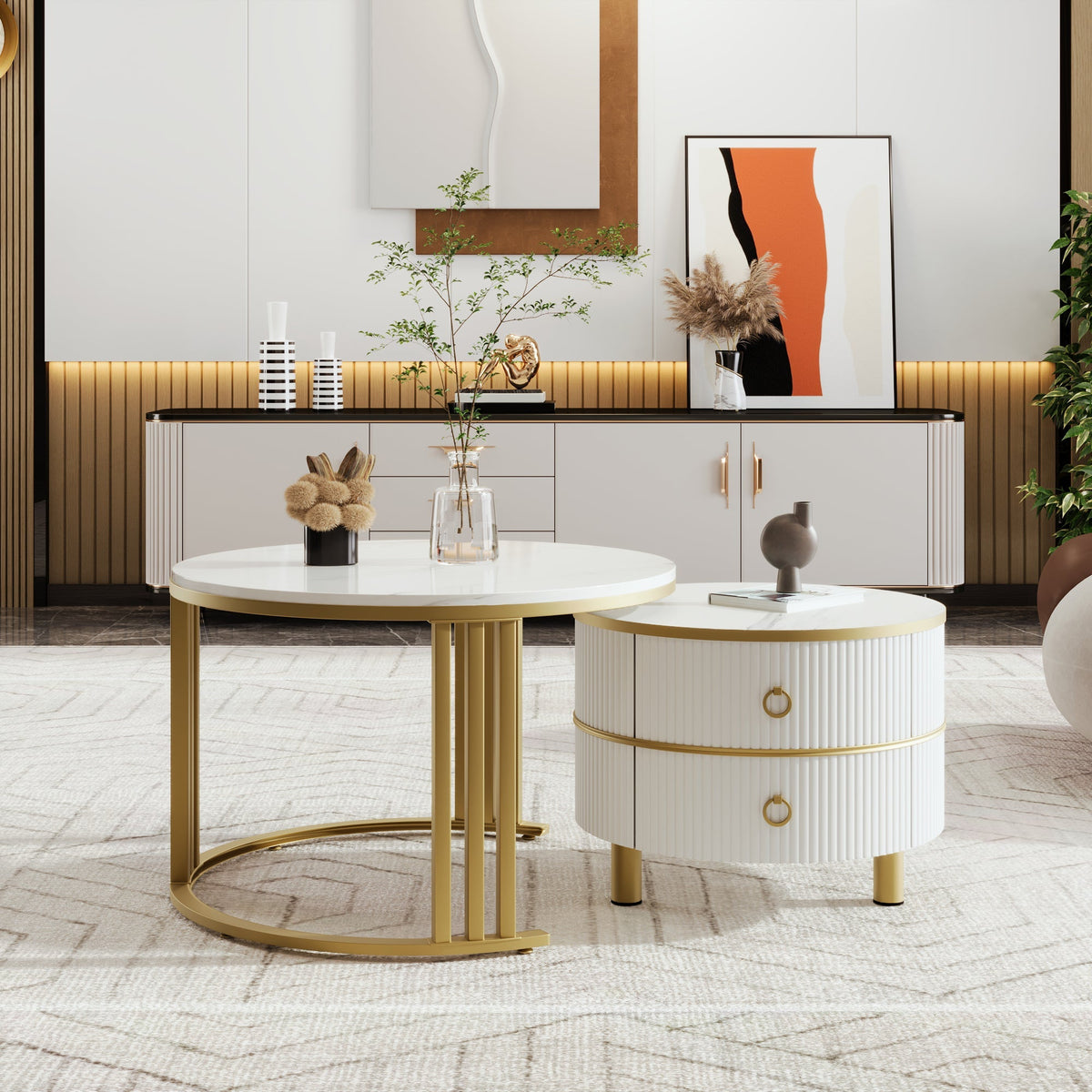 Coffee Table, 2-in-1 Round with 2 Drawers, White Marble & MDF