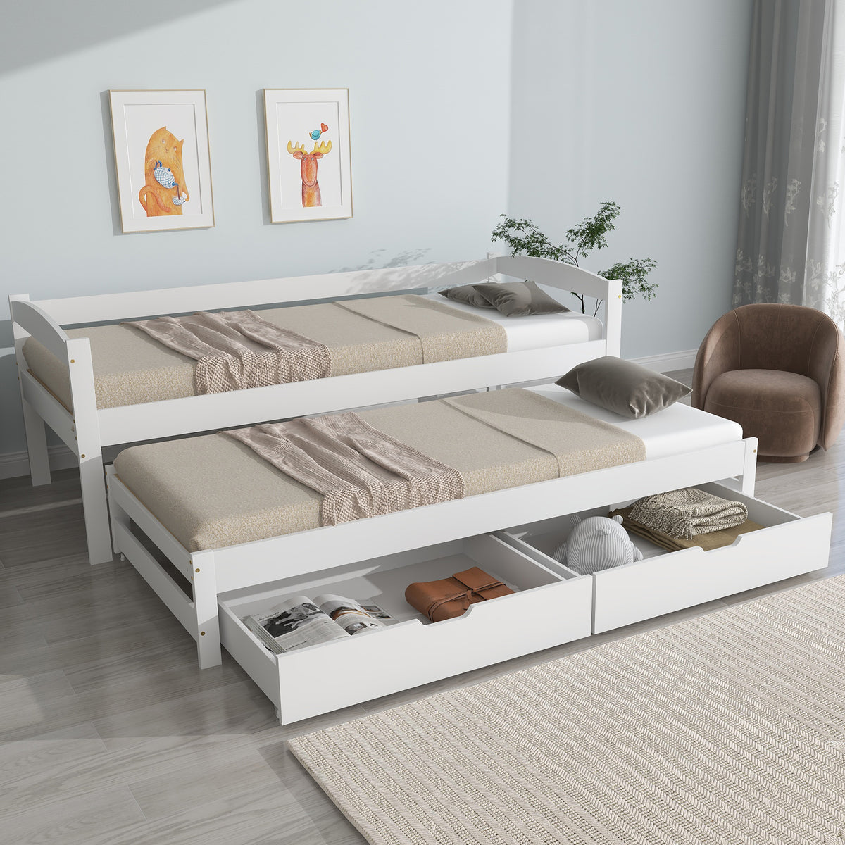 Daybed 90x200cm with Trundle & 2 Drawers, White Solid Wood