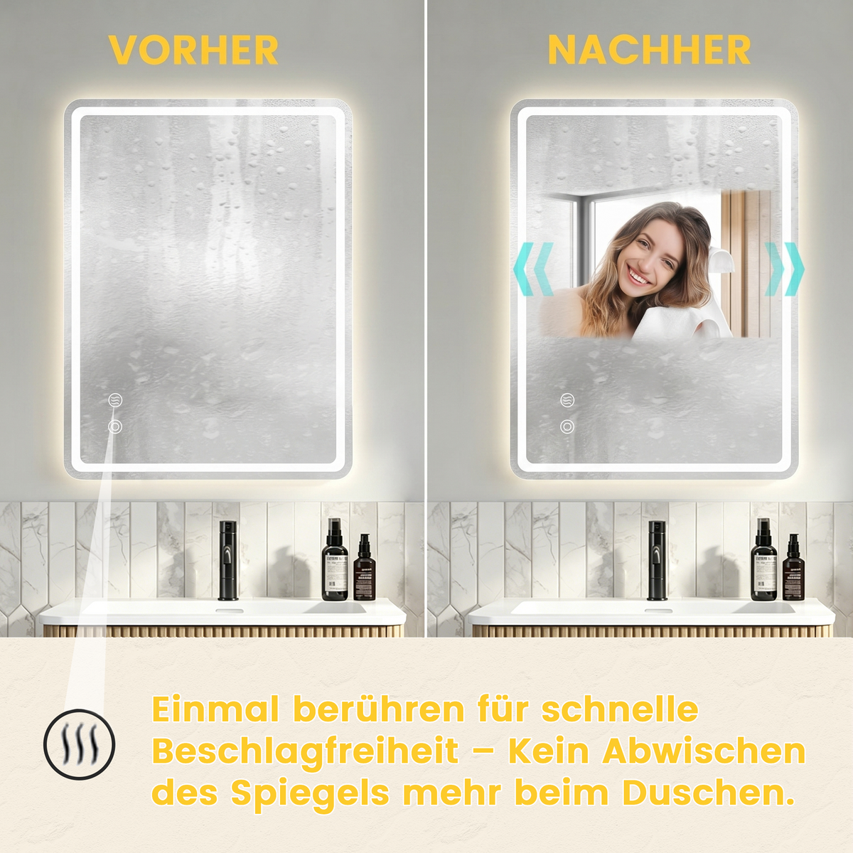 LED Bathroom Mirror 60x80cm Dimmable 3 Light Modes Frameless Glass