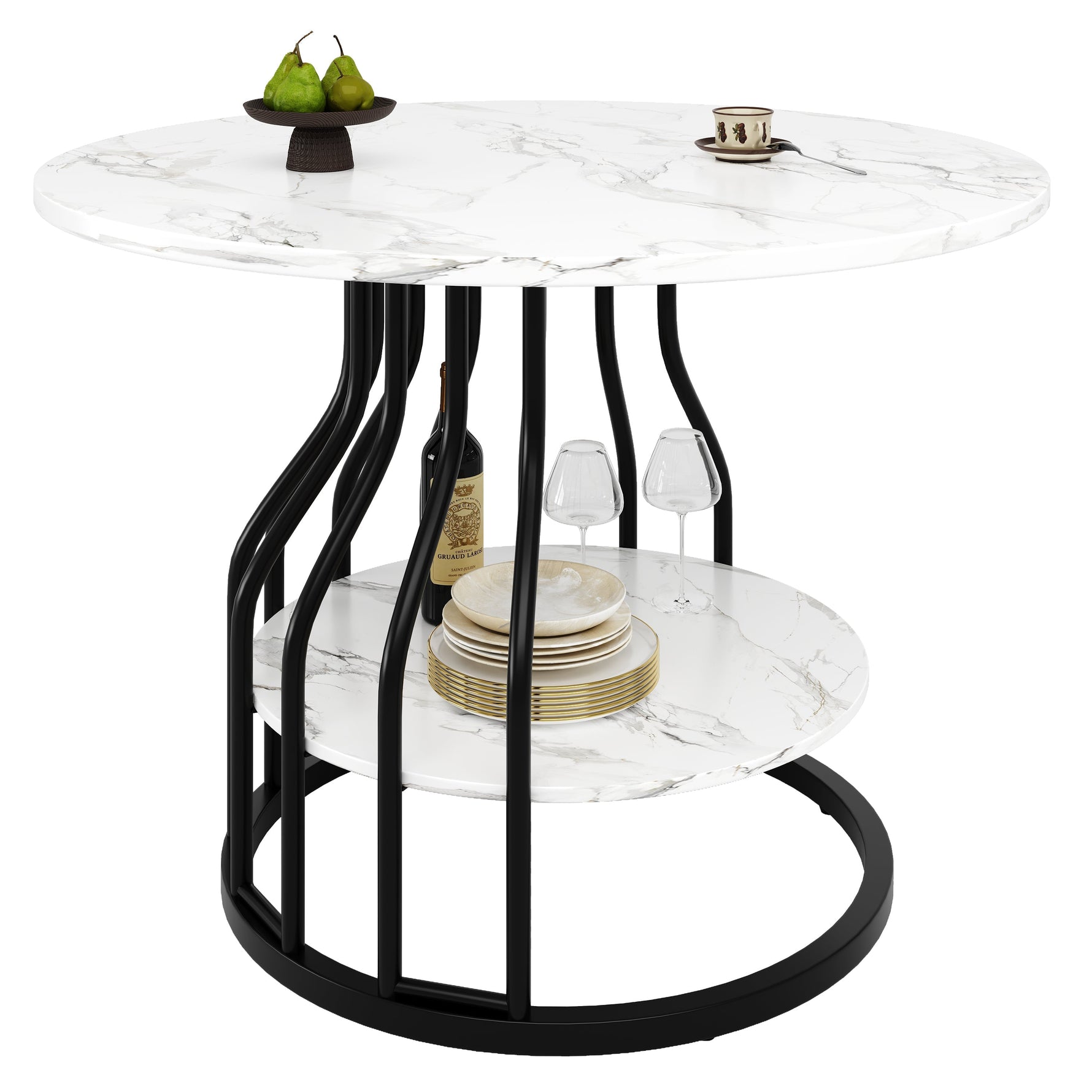 Round Dining Table 80x76cm 4-Seater Storage MDF Marble Top - Black