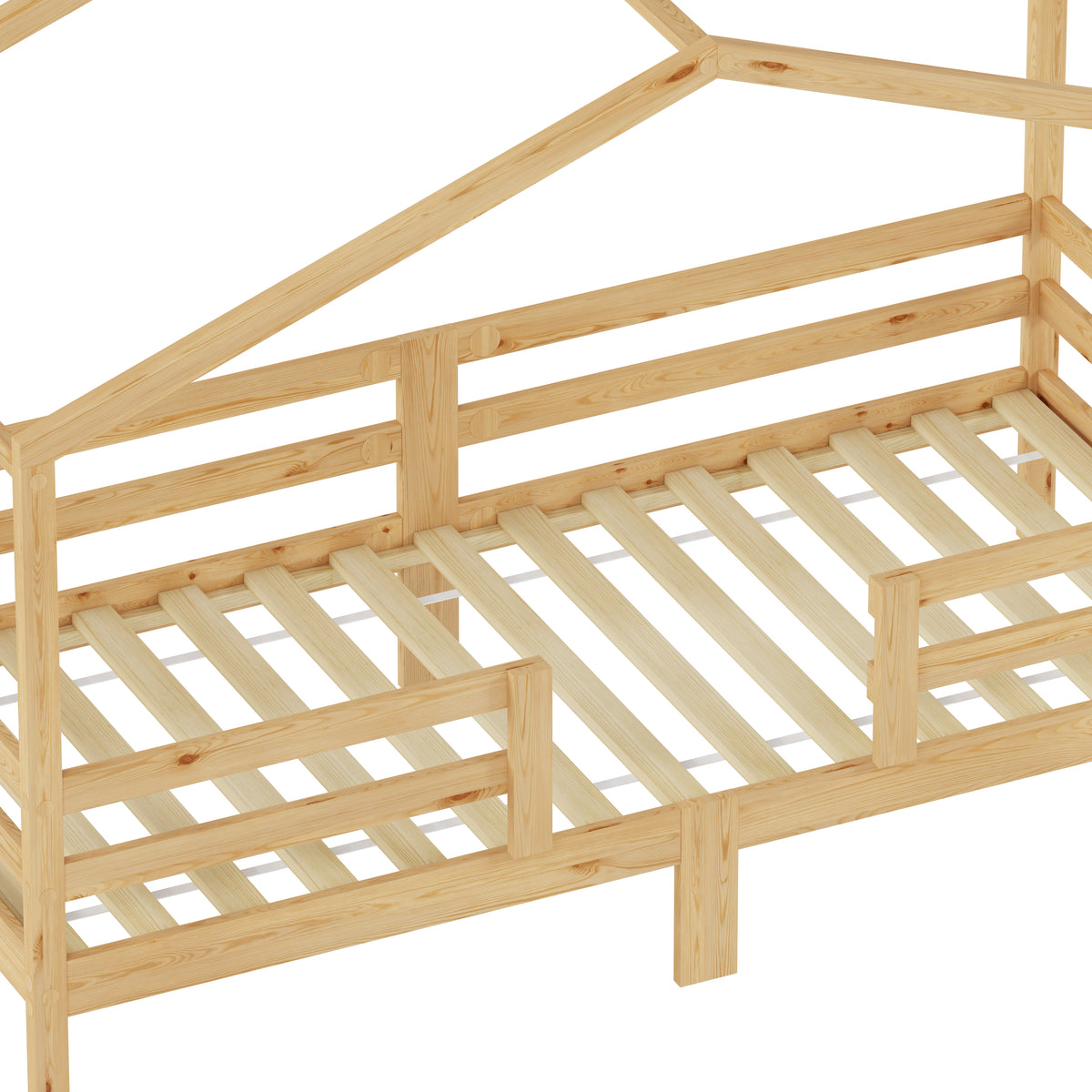 Children's House Bed 90x200cm Roof Design, Natural Solid Pine