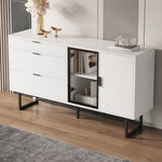 Sideboard Buffet Cabinet with 3 Drawers, Glass Doors and LED Lights, White Wood
