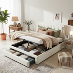 Upholstered Double Bed 140x190cm Hydraulic Storage Headboard 2 Drawers Velvet Beige