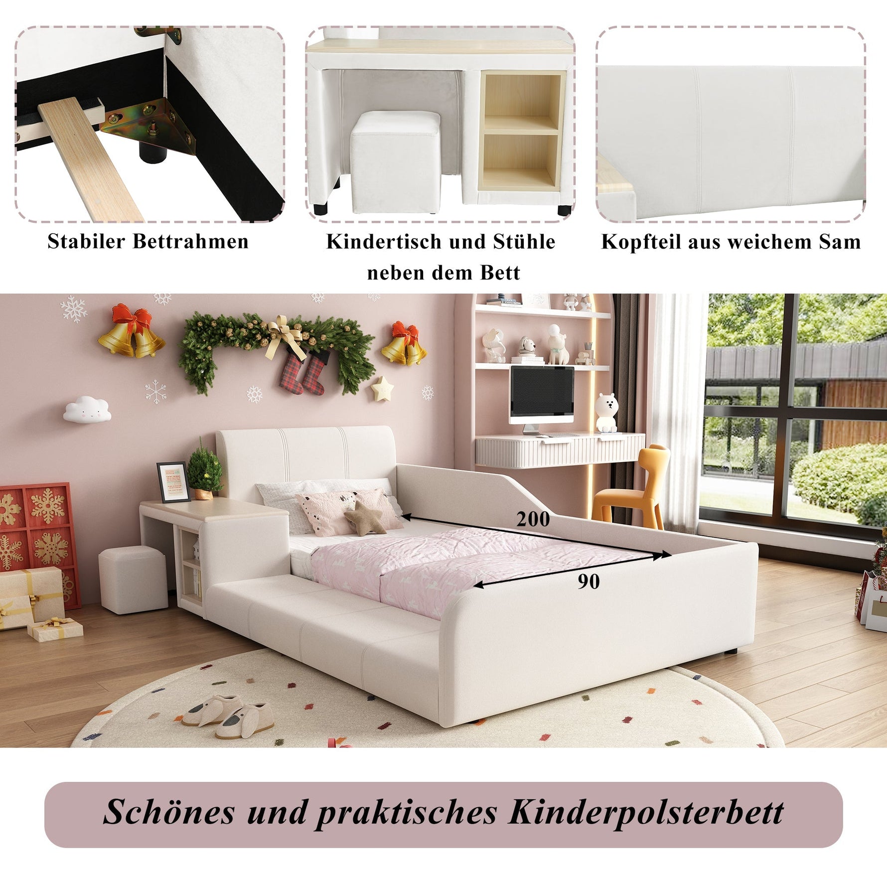Upholstered Single Bed with Desk, Stool and Storage, 90x200cm, White Velvet