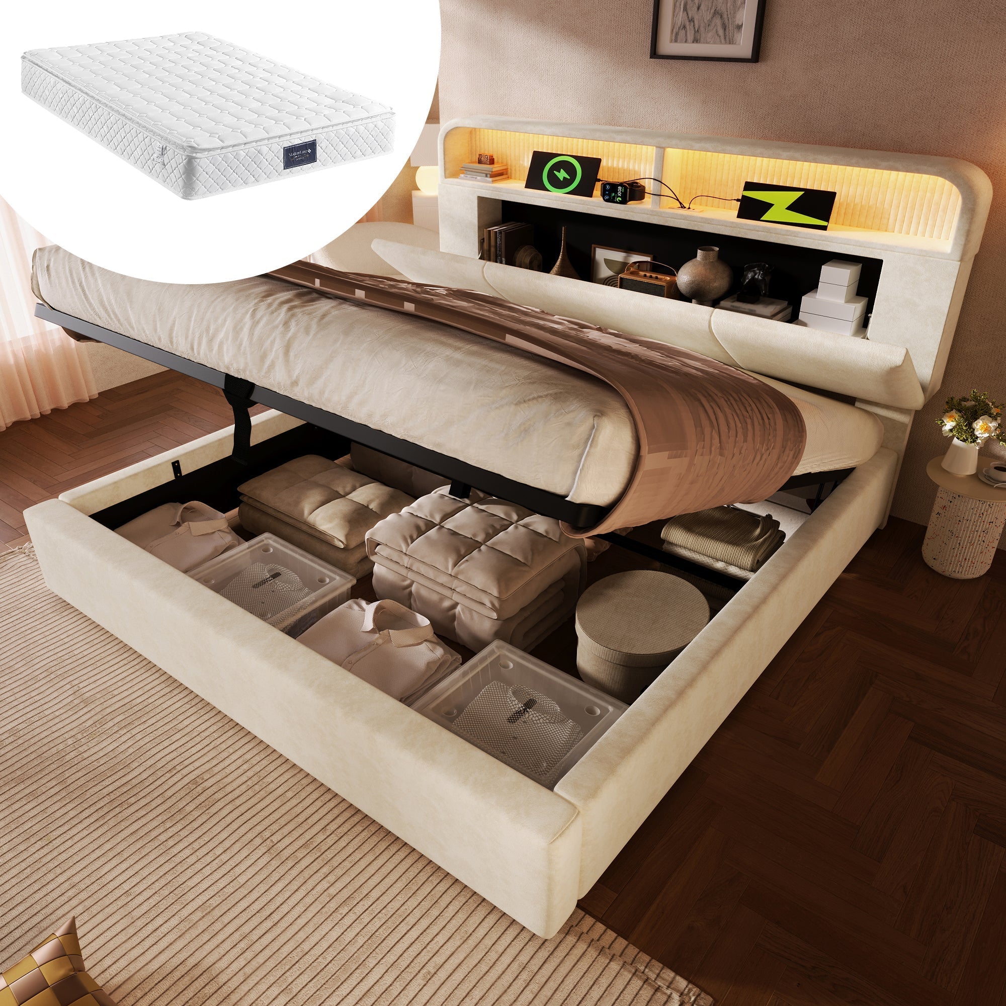 Upholstered Double Bed 140x200cm Hydraulic Storage Headboard LED USB/Type-C Velvet Beige
