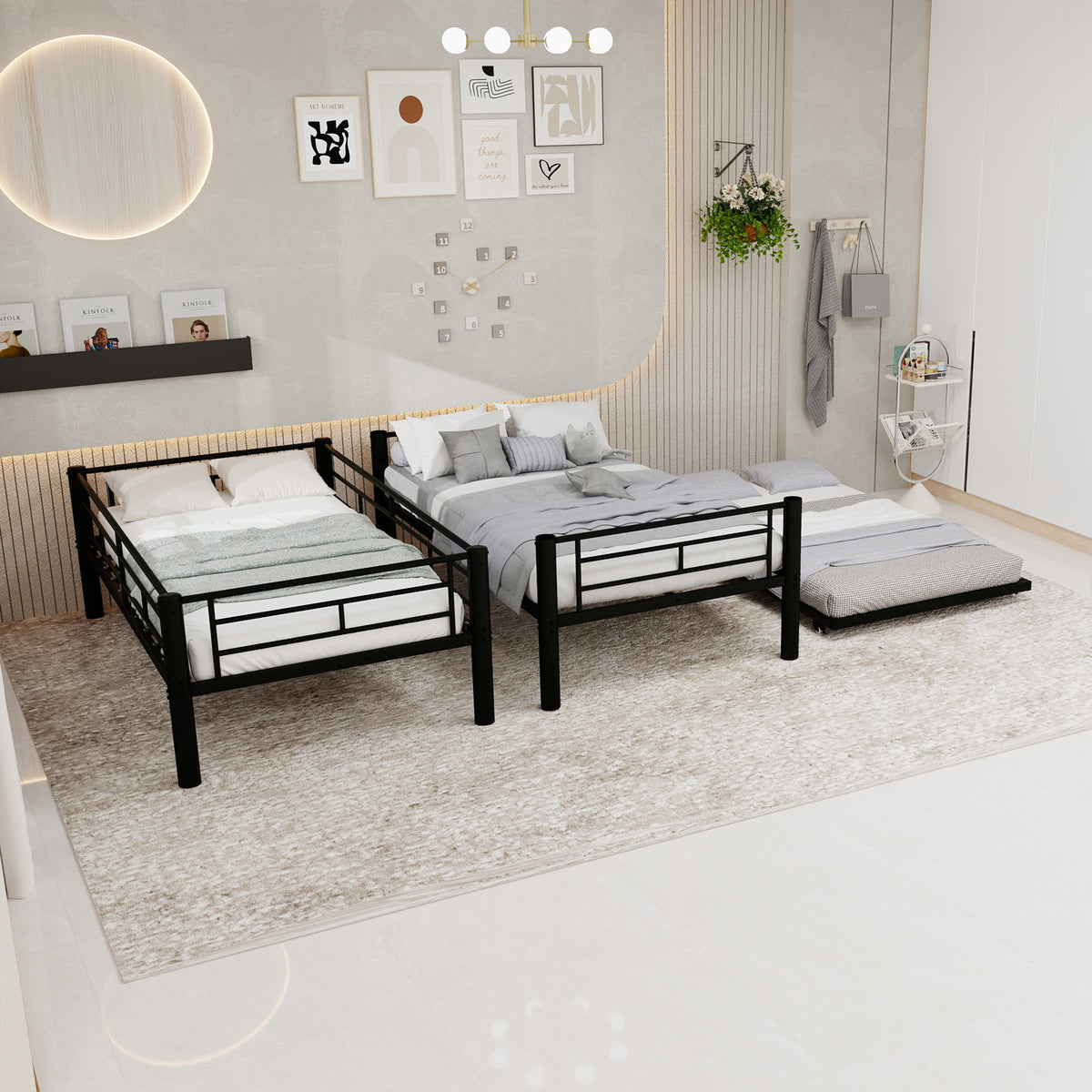 Modern Three-Tier Bed 90x190cm with Safety Railings, Metal