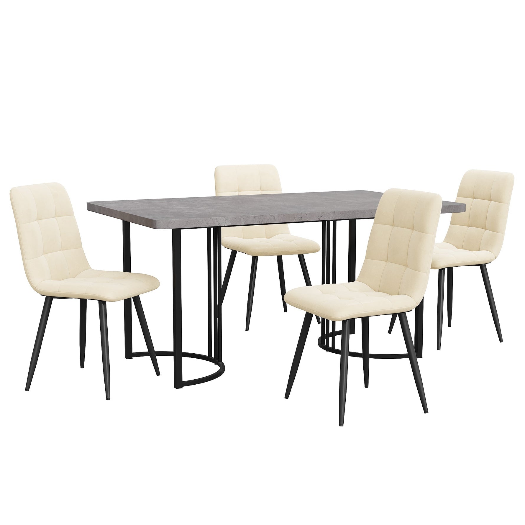 5-Piece Dining Set 140x80cm Table 4 Chairs Grey MDF Beige Velvet
