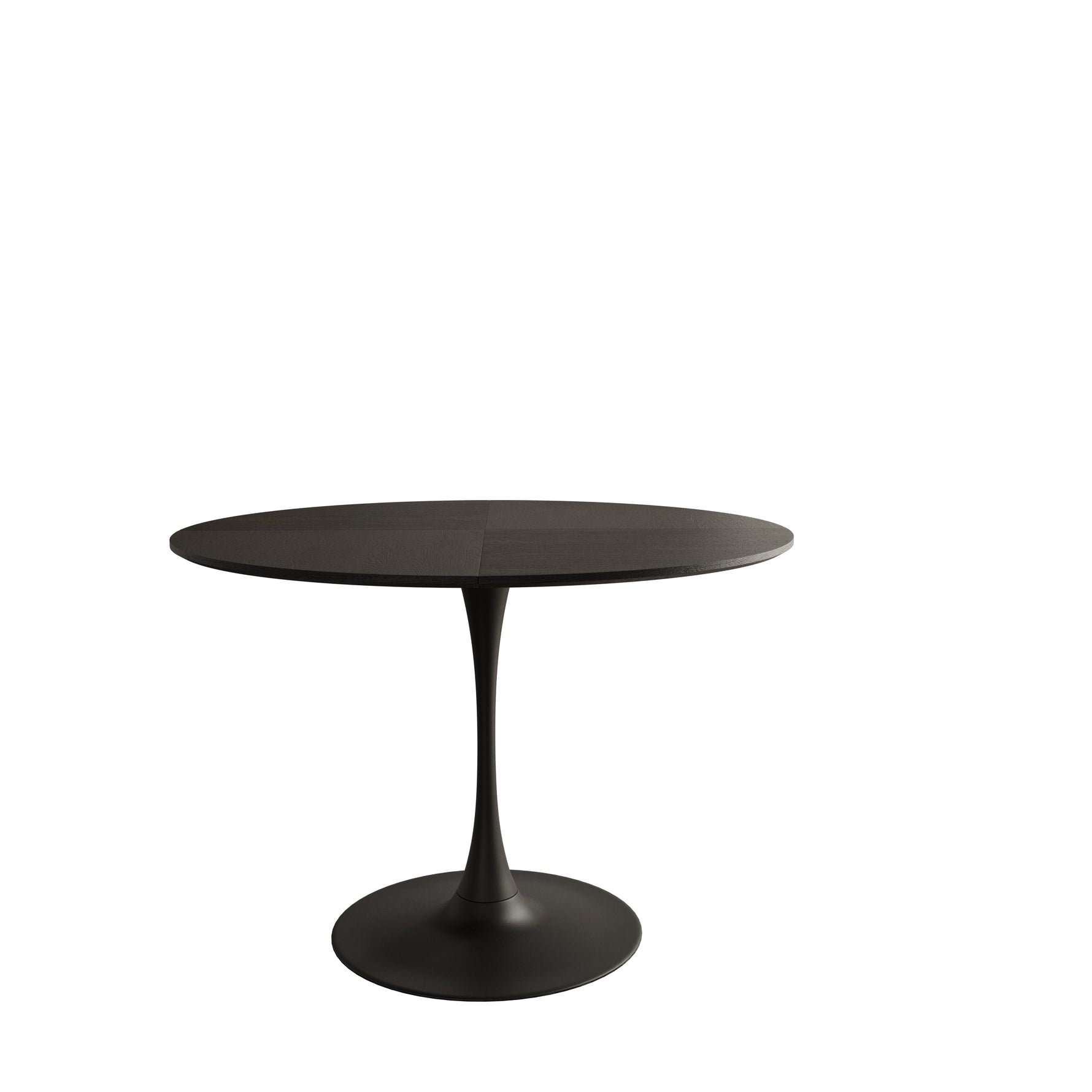 Modern Round Dining Table, Patchwork Black Wood Grain Top, Metal Base