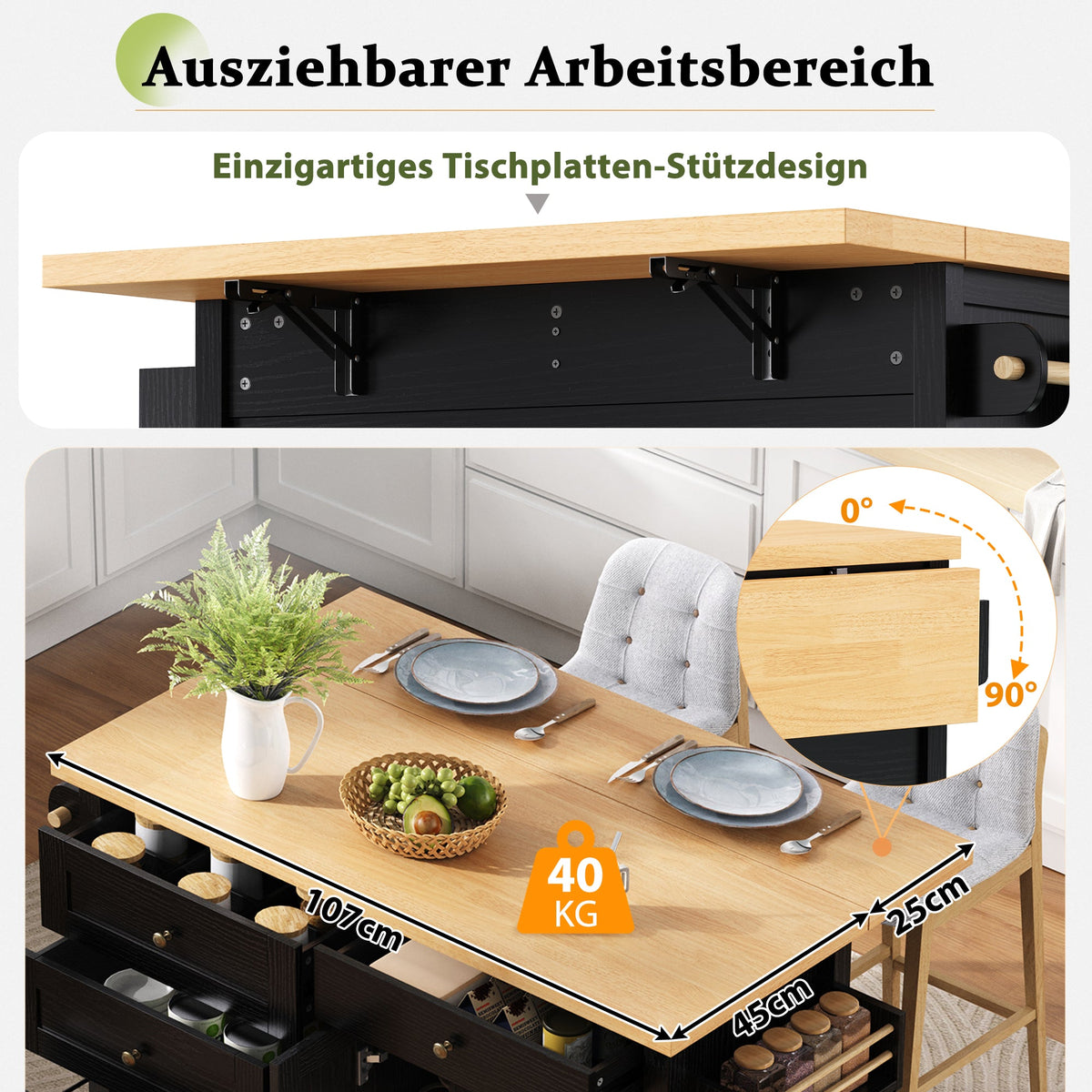 Mobile Kitchen Island, Extendable Table and Multifunctional Drawers, Black