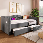 Upholstered Bed Daybed Sofa Bed with USB Type C & 2 Drawers, Grey Linen