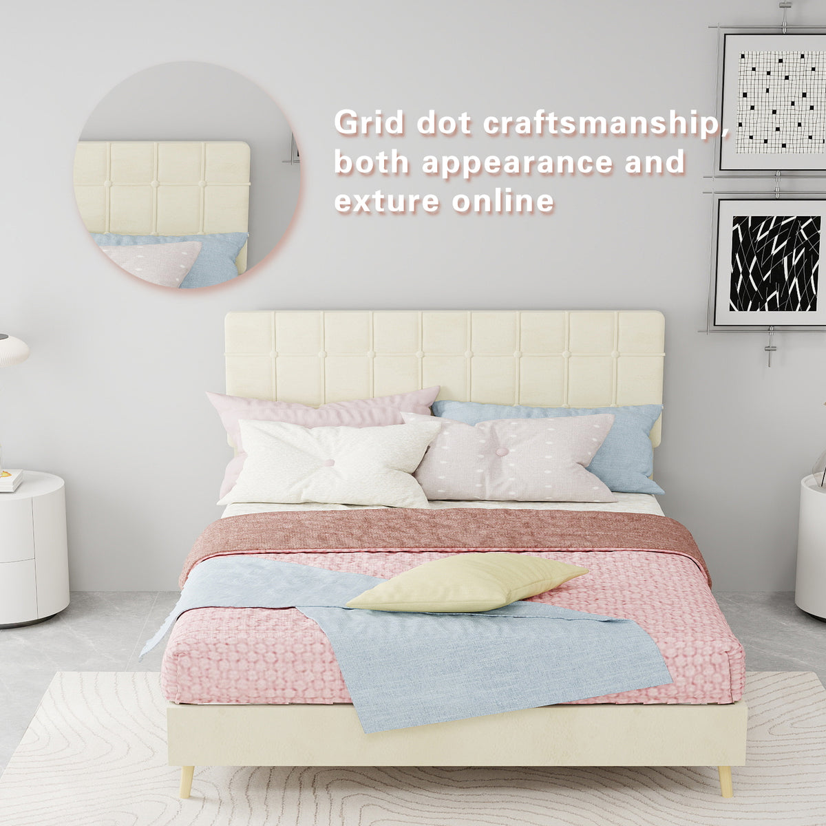 Modern Double Bed 140x200cm with Plaid Headboard, Dark Gray Fabric