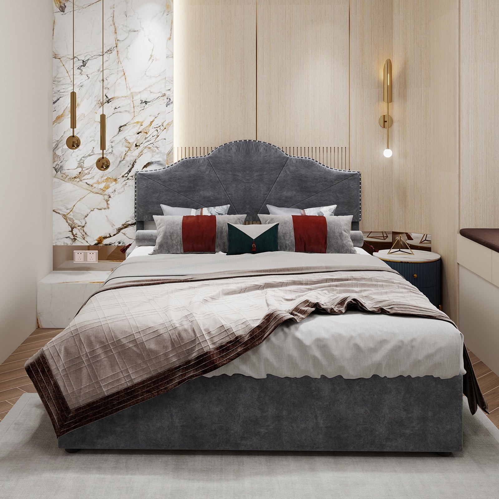 Modern Minimalist Soft Bed, High Box with Pneumatic Rod, 160*200CM, Gray