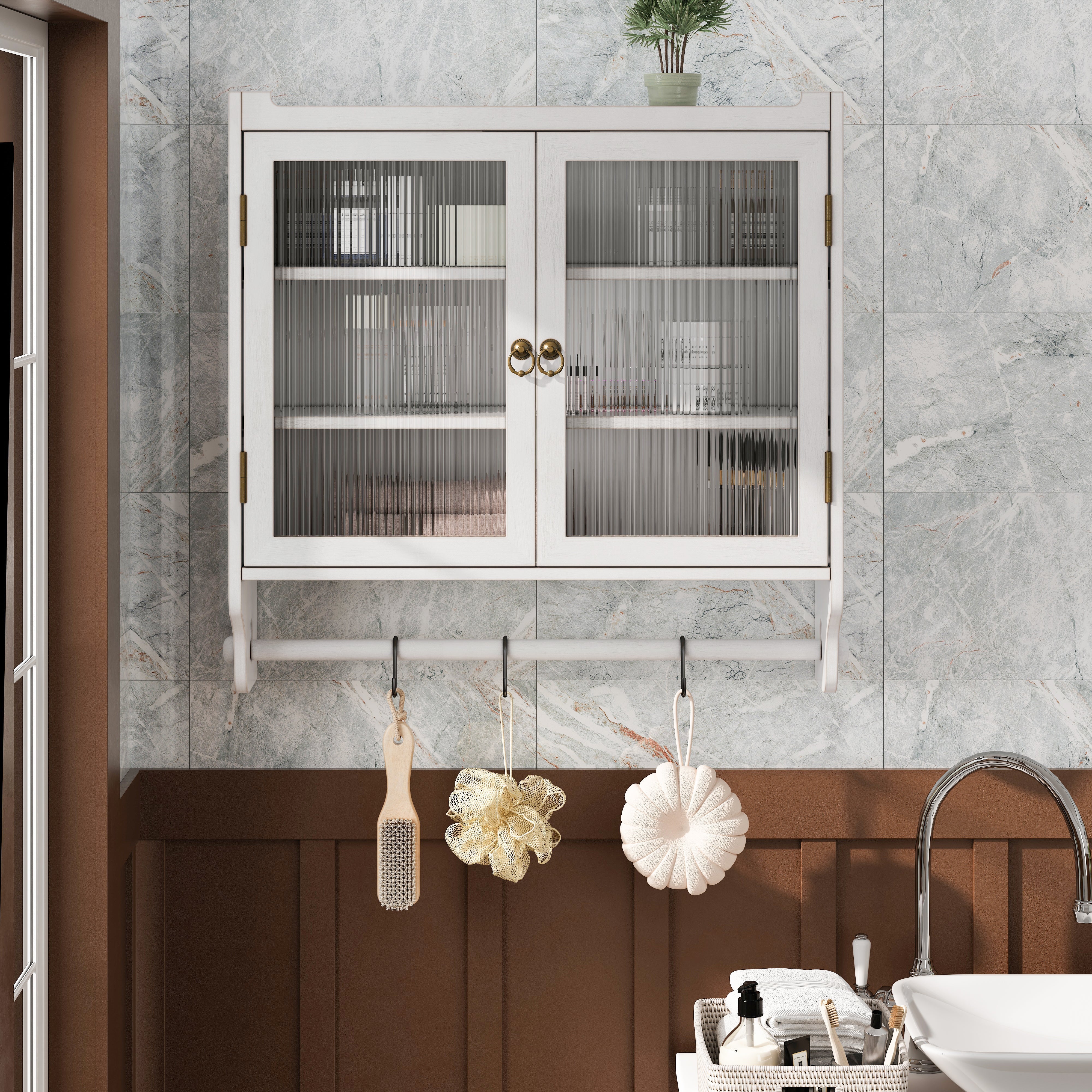 60cm Glass Door Vintage Double Door Wall Cabinet, Three Tiers, Towel Rack, White Washed