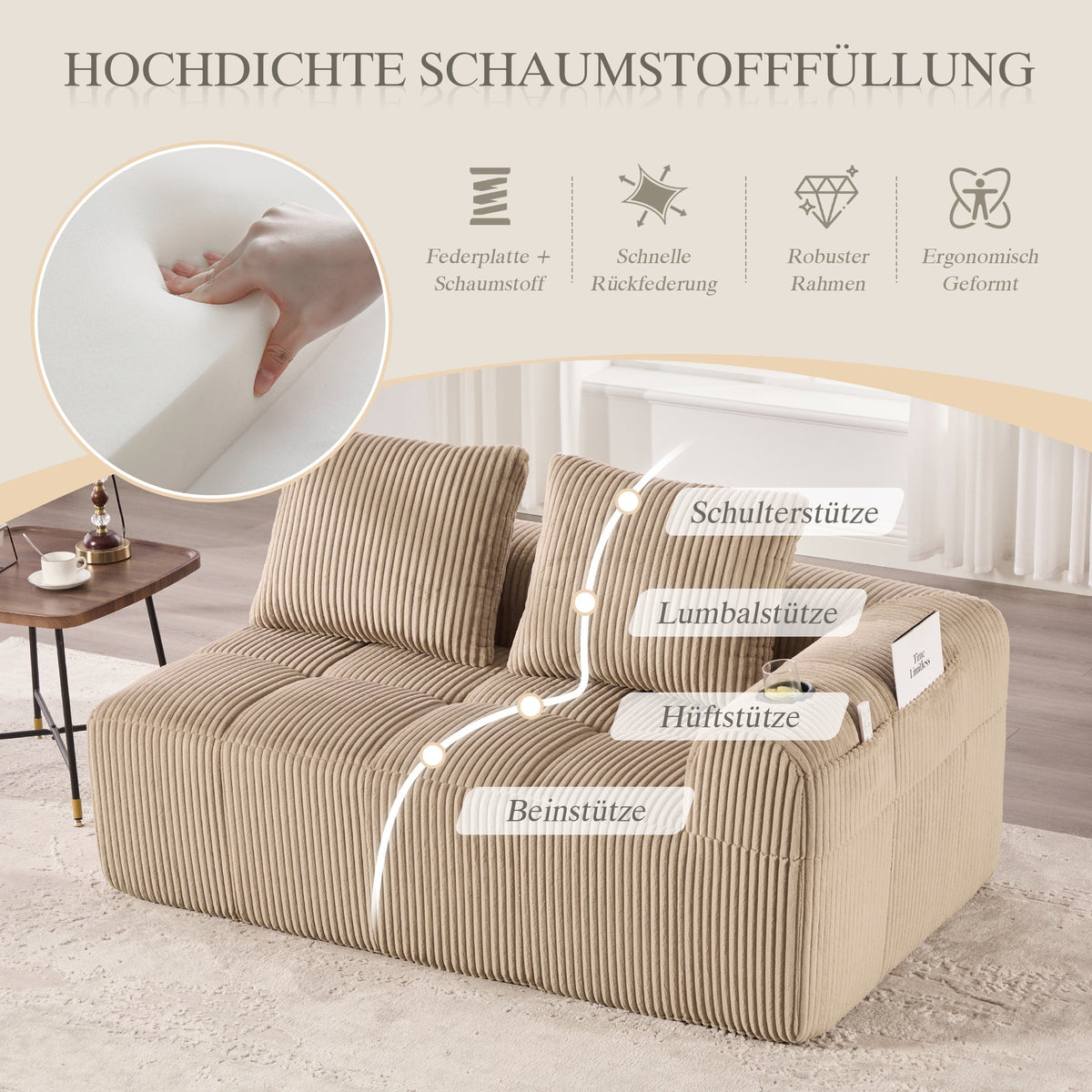 Two-Seater Sofa - No Assembly Storage Pocket Drink Holder - Corduroy