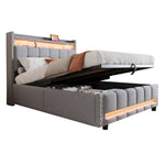 Upholstered Bed 140x200cm, LED & USB, Hydraulic Storage, Light Grey Linen