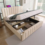 Upholstered Storage Bed 140x190cm with USB Charging, Beige Linen