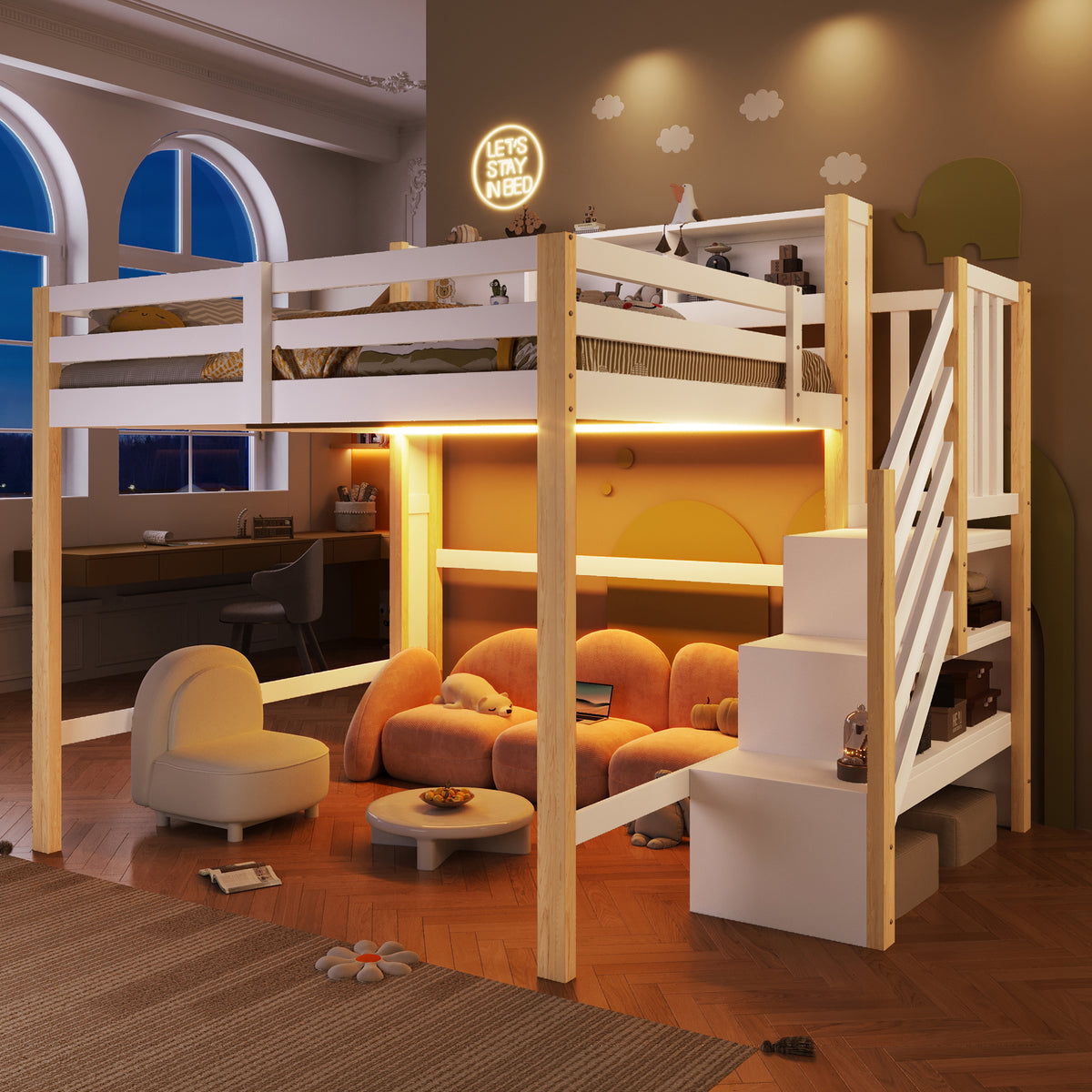 Loft Bed 140x200cm with LED Lights & Storage - White & Natural
