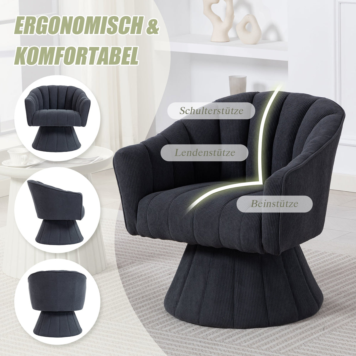 360° Swivel Chair with Ergonomic Cushions and Armrests, Dark Grey