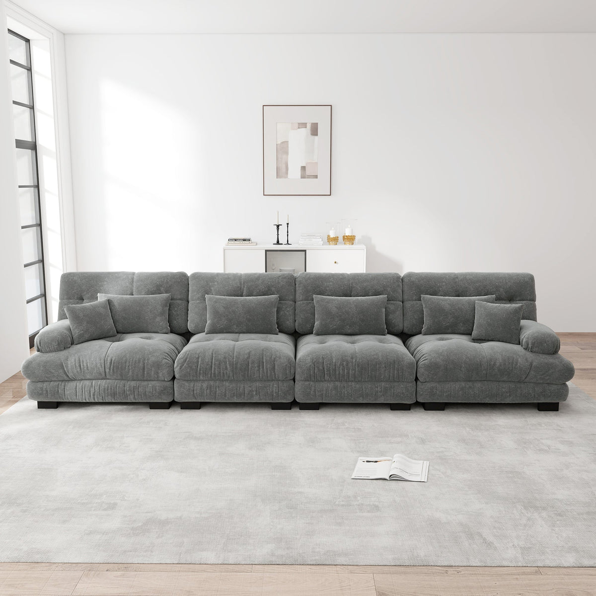 Modular Corner Sofa, 4-Seater Deep Seat Sleeper, Chenille Grey