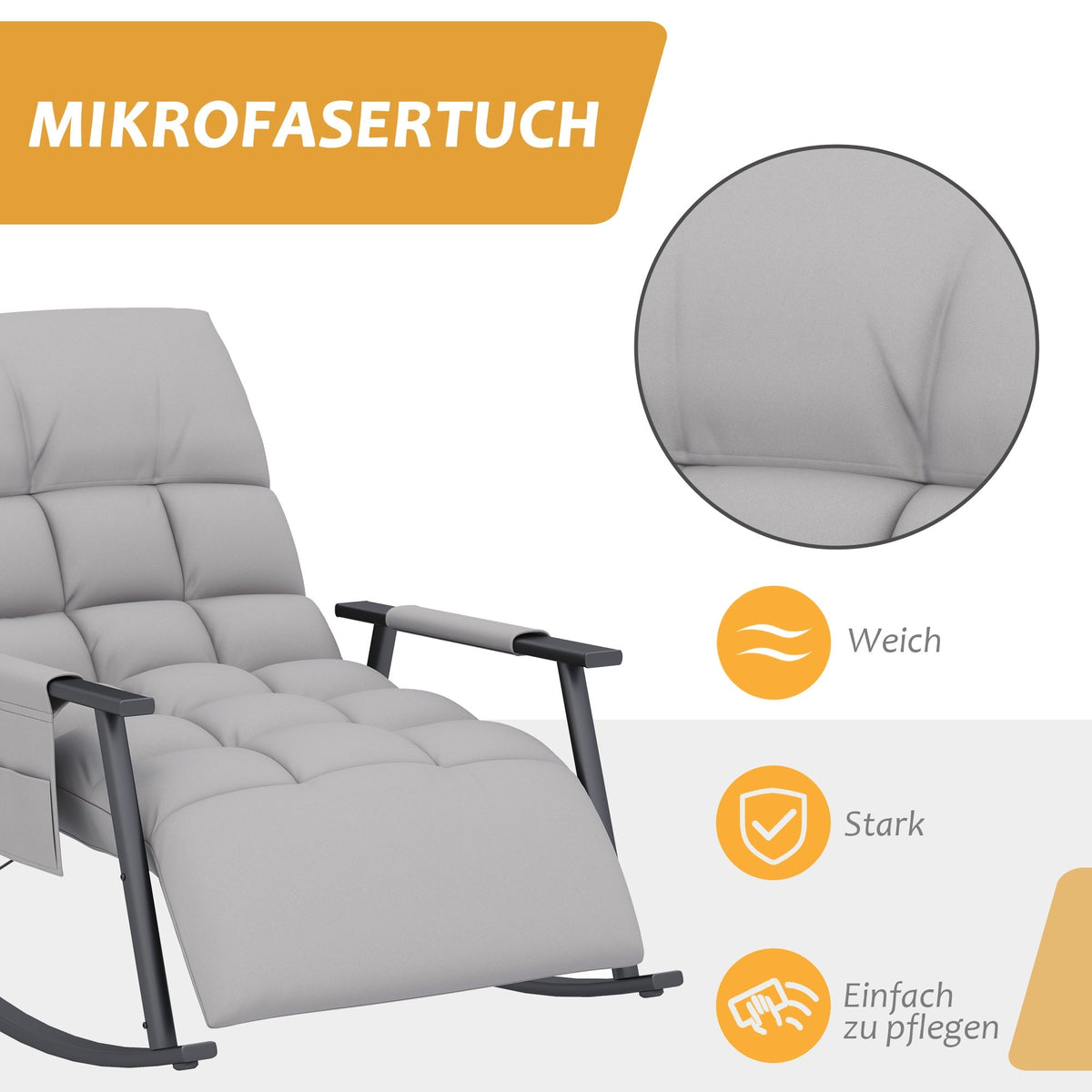 Rocking Chair/Relaxing Armchair Footrest Adjustable Backrest Side Pocket, Microfiber Grey