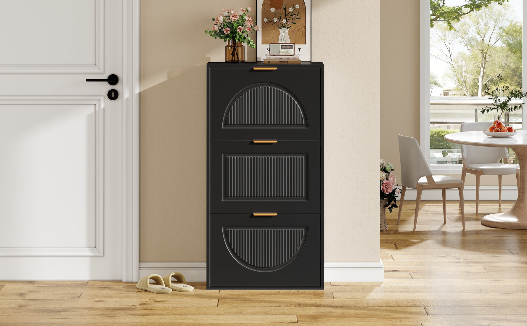 Narrow Shoe Cabinet with 3 Doors for Hallway and Living Room, Black