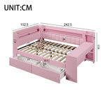 Upholstered Daybed 140x200 with Desk, USB & 2 Drawers, Pink