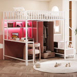 Metal Loft Bed 140 x 200 cm with Desk, Wardrobe, Storage Ladder and LED, White Metal Frame