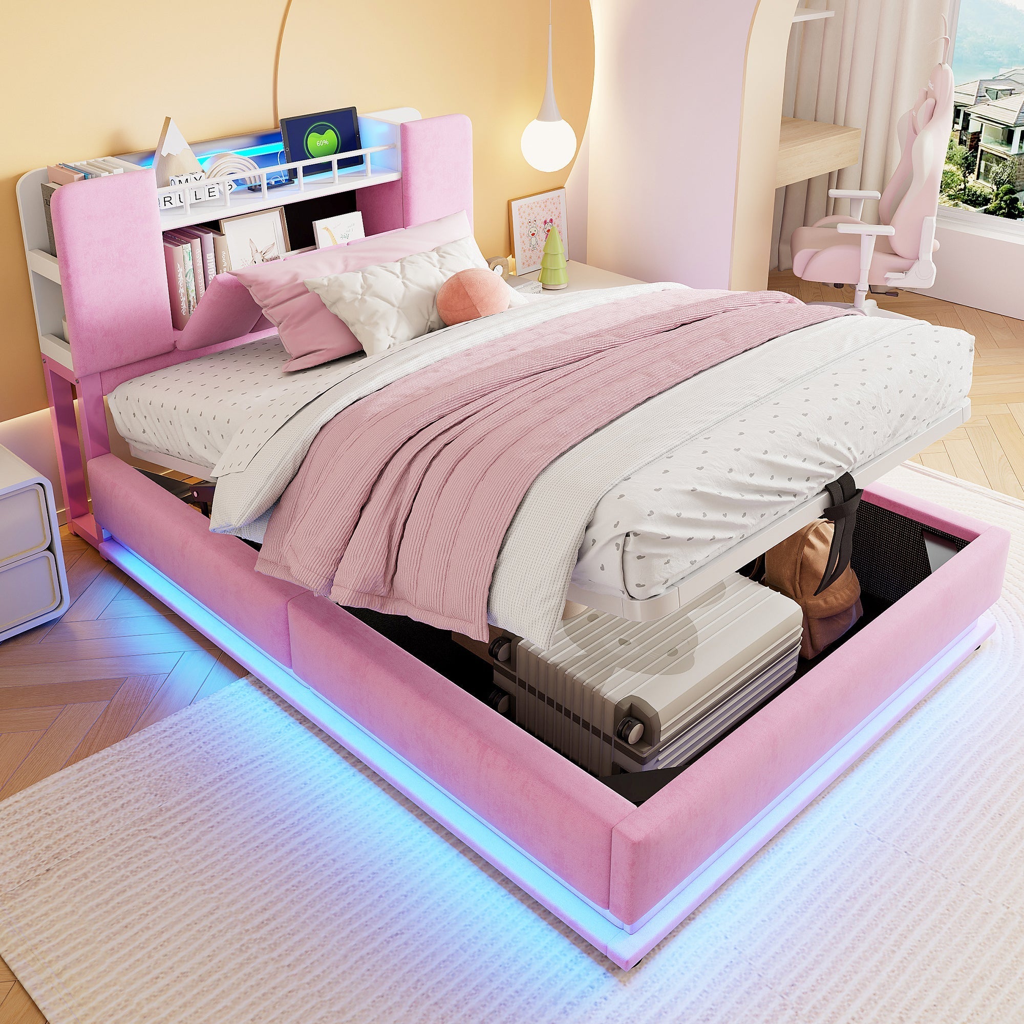 Smart Upholstered Bed for Children with LED, USB, and Hydraulic Storage, Pink Velvet