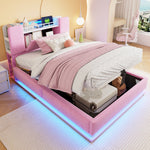 Smart Upholstered Bed for Children with LED, USB, and Hydraulic Storage, Pink Velvet