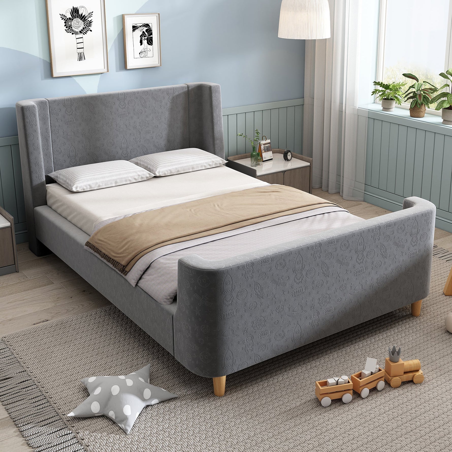 Children's Bed Upholstered Sleigh with Cosmic Pattern, 90x200cm, Grey Velvet
