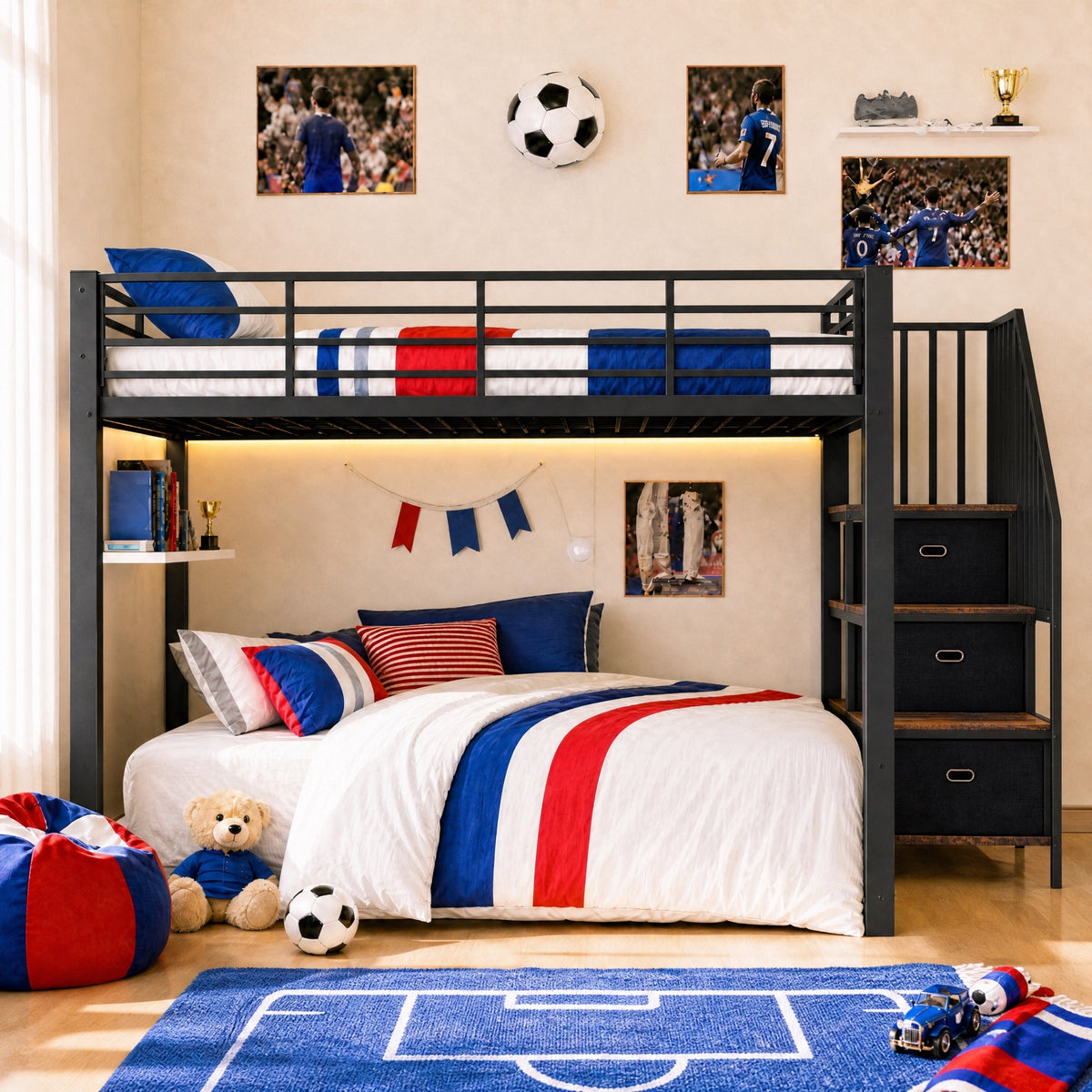 Metal Bunk Bed 140x200cm with Storage Stairs & LED Light, Black