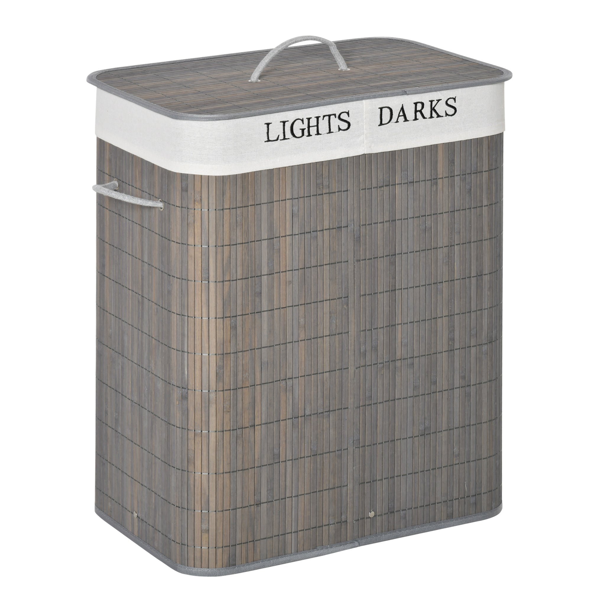 Laundry Basket 100L 2 Compartments Foldable Bamboo, Grey