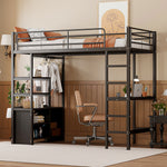 Loft Bed 90x200cm with Desk, Outlets & Shelves, Black Iron