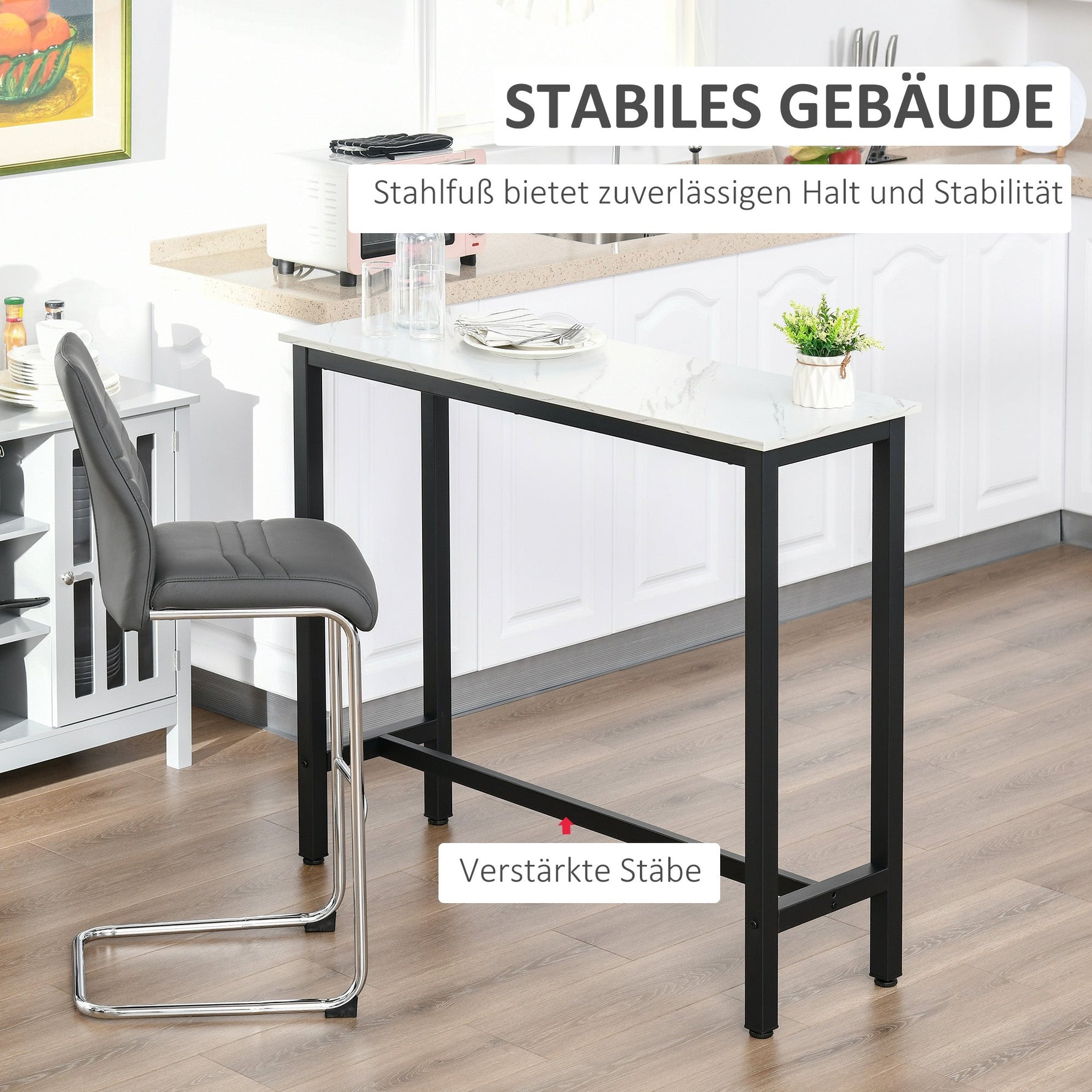 Bar Table, Adjustable Feet, Marble Look, White+Black