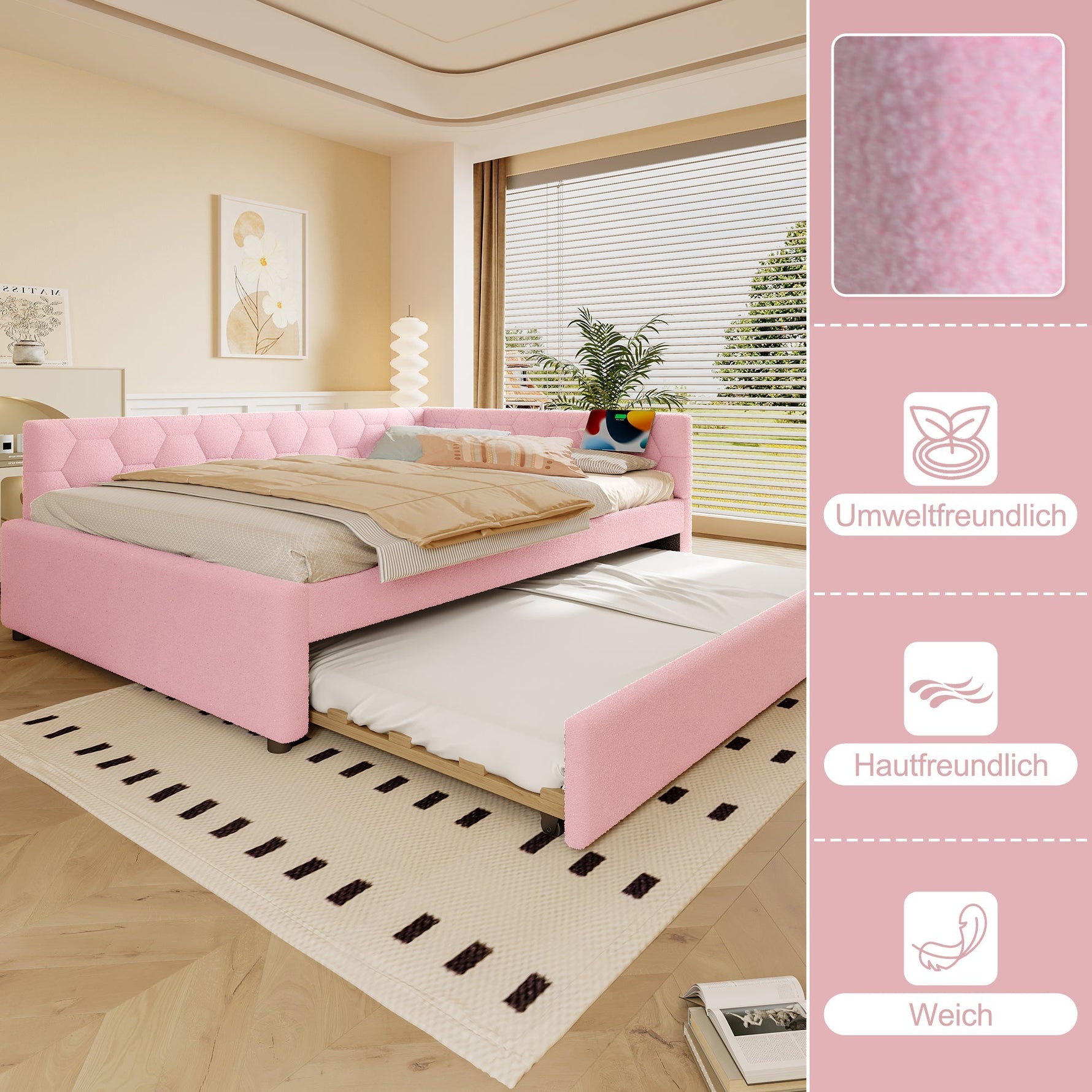 Daybed 140x200cm Sofa Bed Pull-Out Bed Lamp USB/Type-C - Faux Fleece Pink