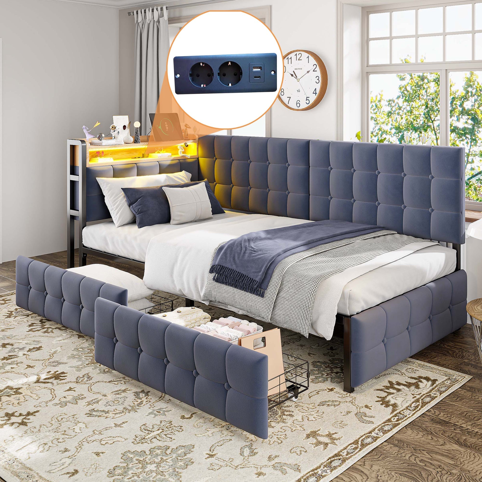Upholstered Sofa Bed 90x200 Multifunctional LED USB/Type-C Drawers Grey