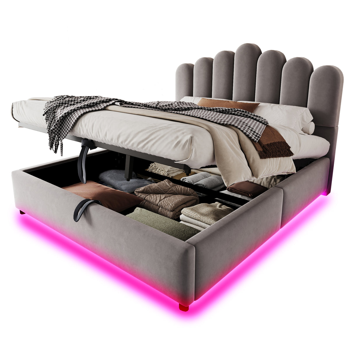 Upholstered Bed 140x200cm with Storage & LED Light - Grey Velvet