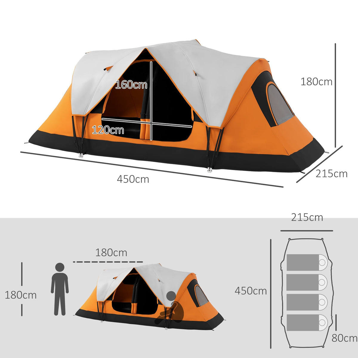 Camping Tent, Tunnel Tent 8-Person 2 Rooms Windproof 2000mm Water-Repellent, Orange