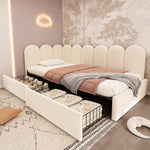 Upholstered Single Bed with Storage Drawers and Slatted Frame, Beige Samt