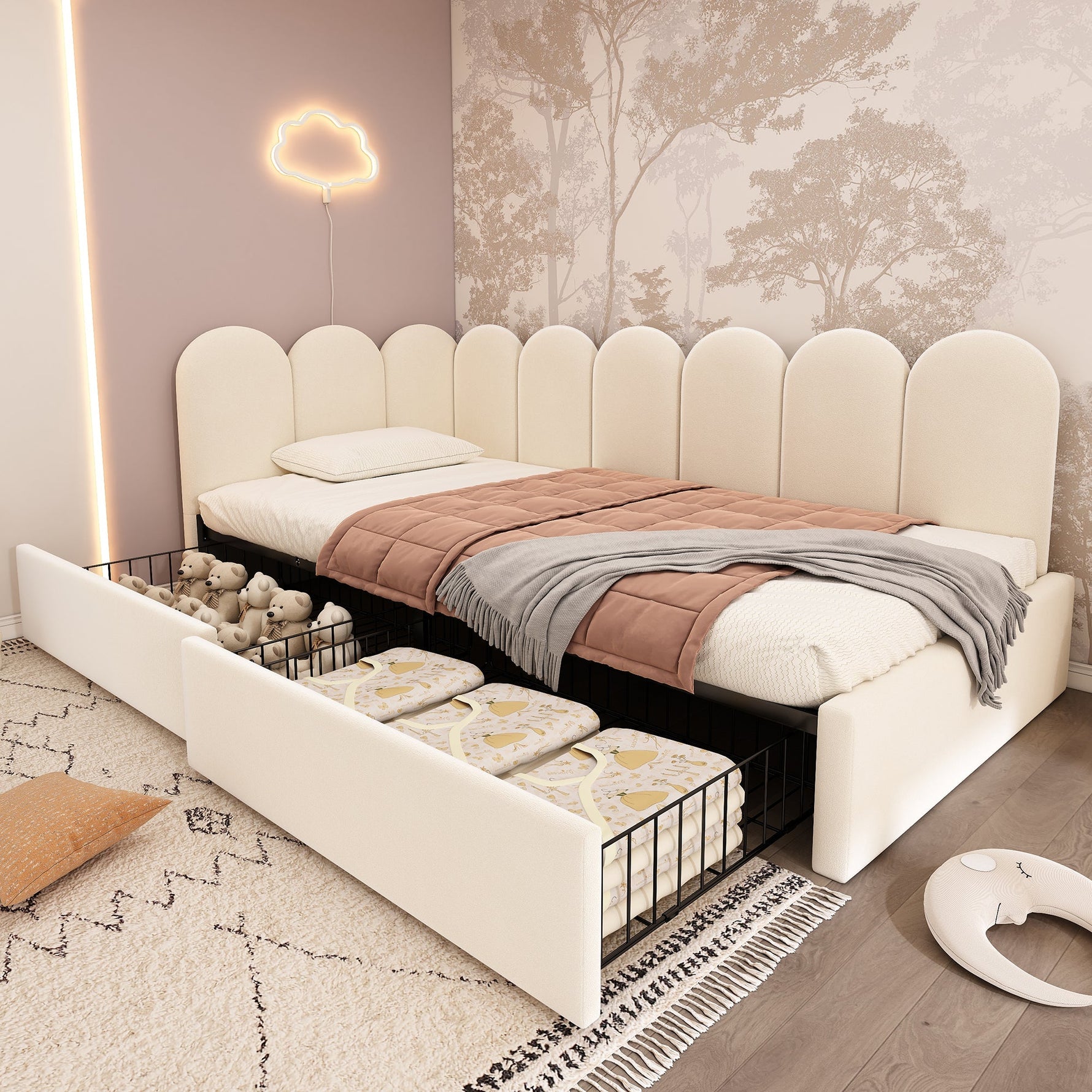 Upholstered Single Bed with Storage Drawers and Slatted Frame, Beige Samt