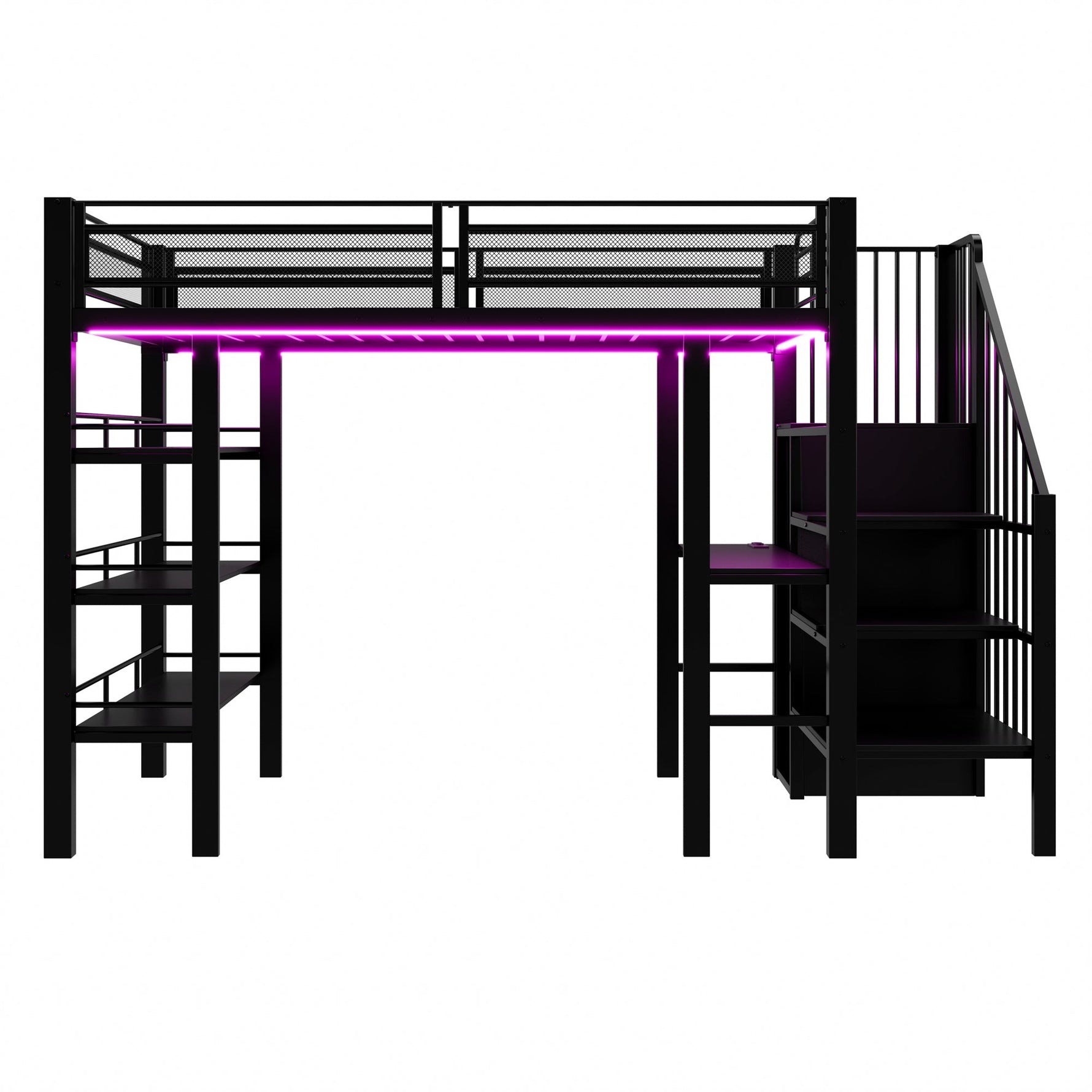 Loft Bed 90x200 LED Light Socket Storage Bookshelf - Black