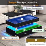 Coffee Table, Hydraulic Height-Adjustable with LED & Bluetooth, 2 Drawers, Black