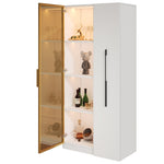 Display Cabinet with Glass Doors, Side Drawers and LED Lighting, White MDF