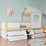 Children's Bed, Half-Height House Bed with 4 Drawers & Stairs, Pine+MDF+Plywood, White+Natural, 90x200cm