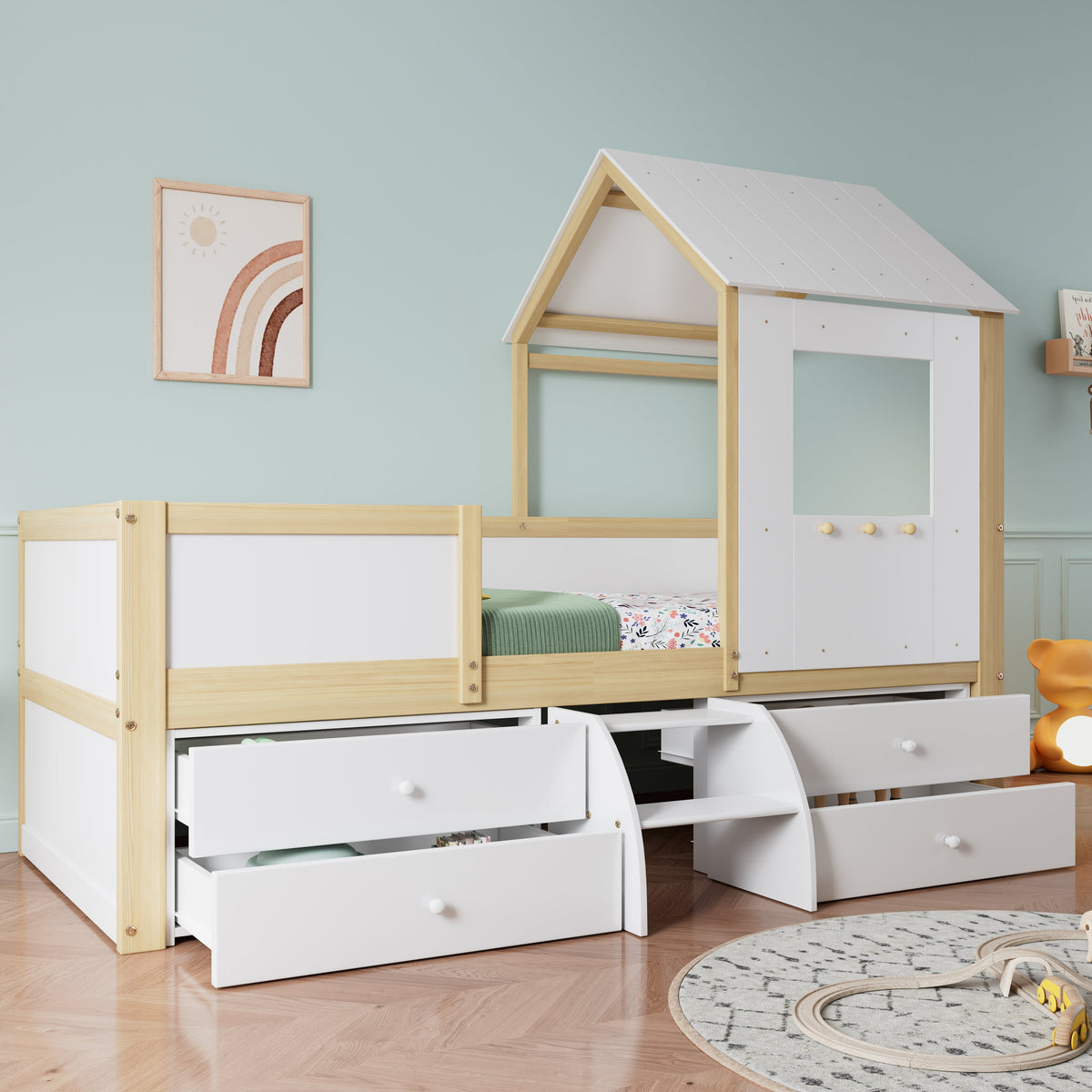 Children's Bed, Half-Height House Bed with 4 Drawers & Stairs, Pine+MDF+Plywood, White+Natural, 90x200cm