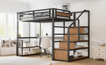 Metal Loft Bed 140x200cm, Storage Ladder, Shelves, Table, Safety Fence, Black