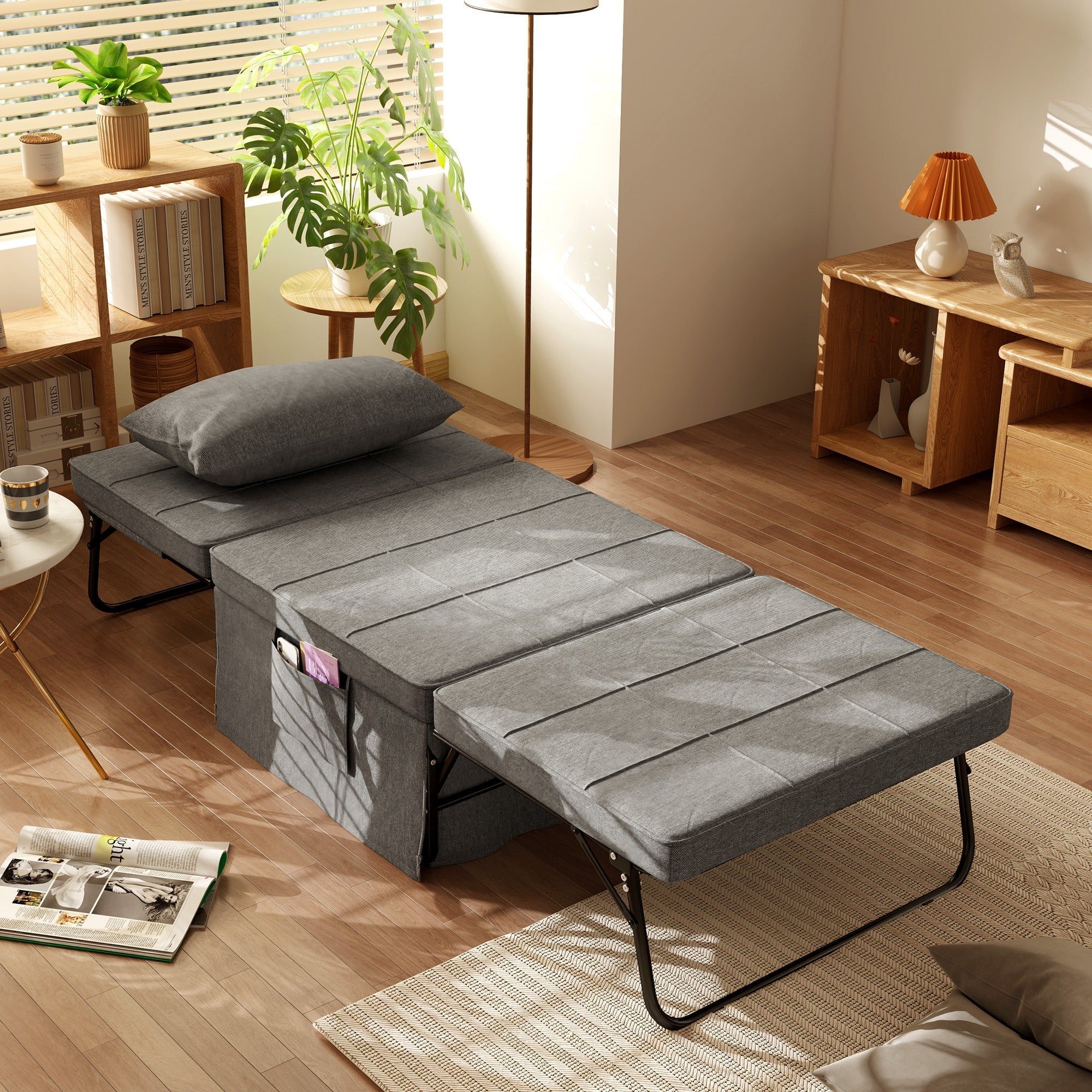 4-in-1 Folding Bed Guest Bed Armchair Ottoman, 5-Level Adjustable, Steel Frame