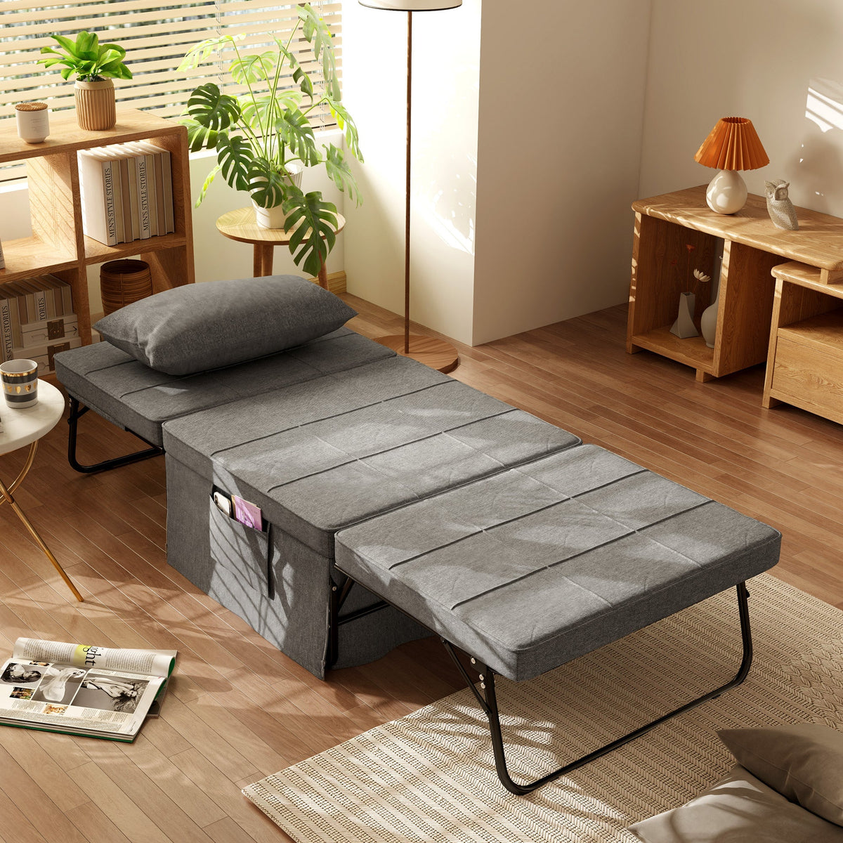 4-in-1 Folding Bed Guest Bed Armchair Ottoman, 5-Level Adjustable, Steel Frame