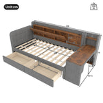 Daybed with Desk and USB Charging, 2 Drawers and Storage Compartments, Grey Linen